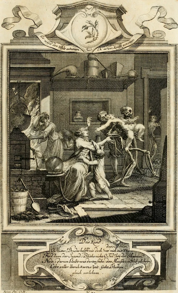 An illustration from Geistliche Todts-Gedancken : bey allerhand Gemählden und Schildereyen in Vorbildung unterschiedlichen Geschlechts, Alters, Standes, und Würdens-Persohnen sich des Todes zu erinnern, aus dessen Lehr die Tugend zu üben, und die Sünd zu meyden : erstlich in Kupfer entworffen, nachmahlen durch sittliche Erörtherung und Uberlegung unter Todten-Farben in Vorschein gebracht, dardurch zum Heyl der Seelen im Gemüth des geneigten Lesers ein lebendige Forcht und embsige Vorsorg des Todes zu erwecken, 1753, leaf 198