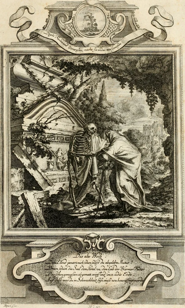 An illustration from Geistliche Todts-Gedancken : bey allerhand Gemählden und Schildereyen in Vorbildung unterschiedlichen Geschlechts, Alters, Standes, und Würdens-Persohnen sich des Todes zu erinnern, aus dessen Lehr die Tugend zu üben, und die Sünd zu meyden : erstlich in Kupfer entworffen, nachmahlen durch sittliche Erörtherung und Uberlegung unter Todten-Farben in Vorschein gebracht, dardurch zum Heyl der Seelen im Gemüth des geneigten Lesers ein lebendige Forcht und embsige Vorsorg des Todes zu erwecken, 1753, leaf 210