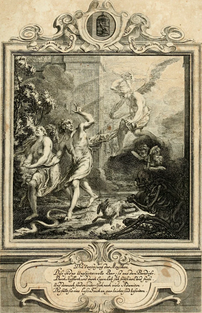 An illustration from Geistliche Todts-Gedancken : bey allerhand Gemählden und Schildereyen in Vorbildung unterschiedlichen Geschlechts, Alters, Standes, und Würdens-Persohnen sich des Todes zu erinnern, aus dessen Lehr die Tugend zu üben, und die Sünd zu meyden : erstlich in Kupfer entworffen, nachmahlen durch sittliche Erörtherung und Uberlegung unter Todten-Farben in Vorschein gebracht, dardurch zum Heyl der Seelen im Gemüth des geneigten Lesers ein lebendige Forcht und embsige Vorsorg des Todes zu erwecken, 1753, leaf 22