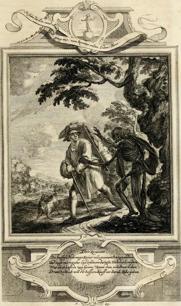 An illustration from Geistliche Todts-Gedancken : bey allerhand Gemählden und Schildereyen in Vorbildung unterschiedlichen Geschlechts, Alters, Standes, und Würdens-Persohnen sich des Todes zu erinnern, aus dessen Lehr die Tugend zu üben, und die Sünd zu meyden : erstlich in Kupfer entworffen, nachmahlen durch sittliche Erörtherung und Uberlegung unter Todten-Farben in Vorschein gebracht, dardurch zum Heyl der Seelen im Gemüth des geneigten Lesers ein lebendige Forcht und embsige Vorsorg des Todes zu erwecken, 1753, leaf 222