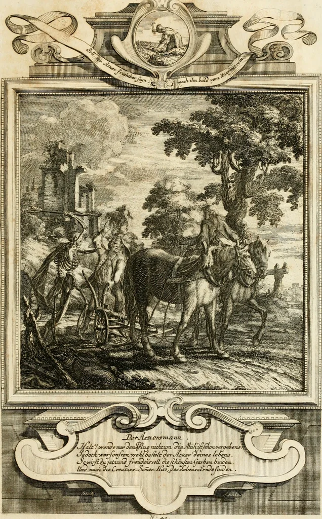 An illustration from Geistliche Todts-Gedancken : bey allerhand Gemählden und Schildereyen in Vorbildung unterschiedlichen Geschlechts, Alters, Standes, und Würdens-Persohnen sich des Todes zu erinnern, aus dessen Lehr die Tugend zu üben, und die Sünd zu meyden : erstlich in Kupfer entworffen, nachmahlen durch sittliche Erörtherung und Uberlegung unter Todten-Farben in Vorschein gebracht, dardurch zum Heyl der Seelen im Gemüth des geneigten Lesers ein lebendige Forcht und embsige Vorsorg des Todes zu erwecken, 1753, leaf 226