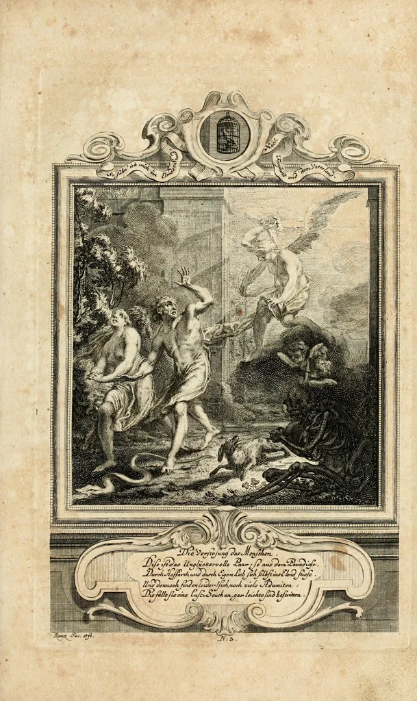 An illustration from Geistliche Todts-Gedancken : bey allerhand Gemählden und Schildereyen in Vorbildung unterschiedlichen Geschlechts, Alters, Standes, und Würdens-Persohnen sich des Todes zu erinnern, aus dessen Lehr die Tugend zu üben, und die Sünd zu meyden : erstlich in Kupfer entworffen, nachmahlen durch sittliche Erörtherung und Uberlegung unter Todten-Farben in Vorschein gebracht, dardurch zum Heyl der Seelen im Gemüth des geneigten Lesers ein lebendige Forcht und embsige Vorsorg des Todes zu erwecken, 1753, leaf 23