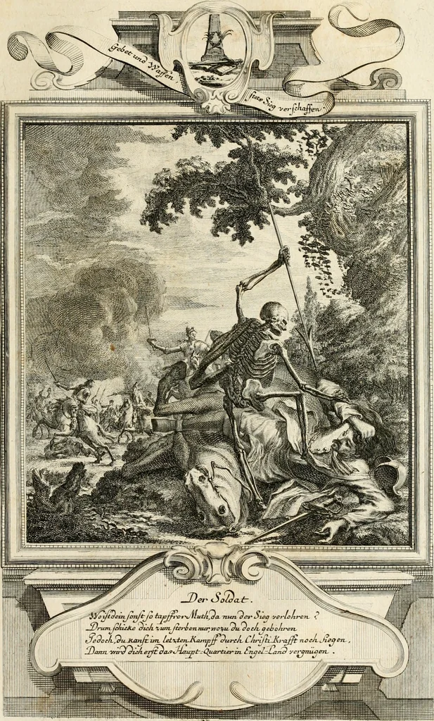 An illustration from Geistliche Todts-Gedancken : bey allerhand Gemählden und Schildereyen in Vorbildung unterschiedlichen Geschlechts, Alters, Standes, und Würdens-Persohnen sich des Todes zu erinnern, aus dessen Lehr die Tugend zu üben, und die Sünd zu meyden : erstlich in Kupfer entworffen, nachmahlen durch sittliche Erörtherung und Uberlegung unter Todten-Farben in Vorschein gebracht, dardurch zum Heyl der Seelen im Gemüth des geneigten Lesers ein lebendige Forcht und embsige Vorsorg des Todes zu erwecken, 1753, leaf 232