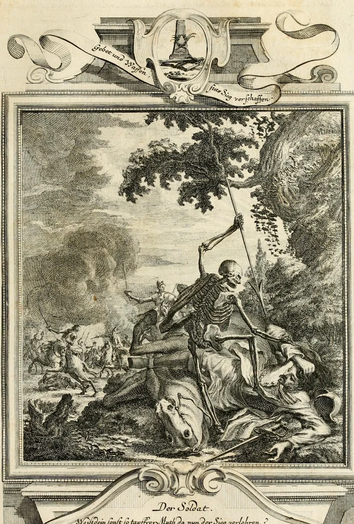 An illustration from Geistliche Todts-Gedancken : bey allerhand Gemählden und Schildereyen in Vorbildung unterschiedlichen Geschlechts, Alters, Standes, und Würdens-Persohnen sich des Todes zu erinnern, aus dessen Lehr die Tugend zu üben, und die Sünd zu meyden : erstlich in Kupfer entworffen, nachmahlen durch sittliche Erörtherung und Uberlegung unter Todten-Farben in Vorschein gebracht, dardurch zum Heyl der Seelen im Gemüth des geneigten Lesers ein lebendige Forcht und embsige Vorsorg des Todes zu erwecken, 1753, leaf 233