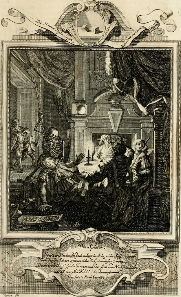 An illustration from Geistliche Todts-Gedancken : bey allerhand Gemählden und Schildereyen in Vorbildung unterschiedlichen Geschlechts, Alters, Standes, und Würdens-Persohnen sich des Todes zu erinnern, aus dessen Lehr die Tugend zu üben, und die Sünd zu meyden : erstlich in Kupfer entworffen, nachmahlen durch sittliche Erörtherung und Uberlegung unter Todten-Farben in Vorschein gebracht, dardurch zum Heyl der Seelen im Gemüth des geneigten Lesers ein lebendige Forcht und embsige Vorsorg des Todes zu erwecken, 1753, leaf 238
