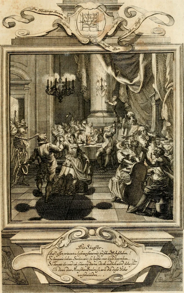 An illustration from Geistliche Todts-Gedancken : bey allerhand Gemählden und Schildereyen in Vorbildung unterschiedlichen Geschlechts, Alters, Standes, und Würdens-Persohnen sich des Todes zu erinnern, aus dessen Lehr die Tugend zu üben, und die Sünd zu meyden : erstlich in Kupfer entworffen, nachmahlen durch sittliche Erörtherung und Uberlegung unter Todten-Farben in Vorschein gebracht, dardurch zum Heyl der Seelen im Gemüth des geneigten Lesers ein lebendige Forcht und embsige Vorsorg des Todes zu erwecken, 1753, leaf 242