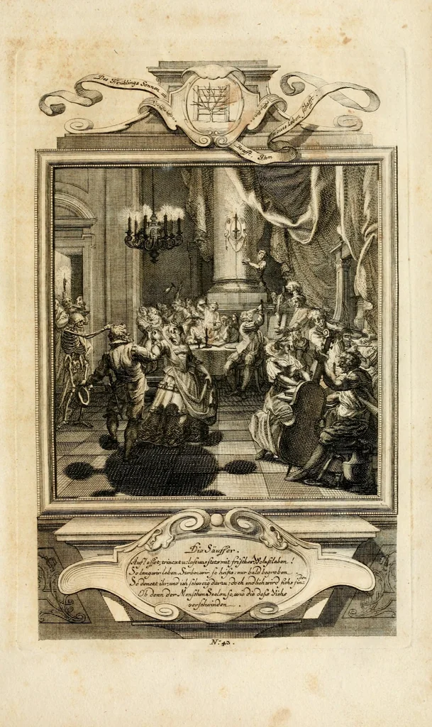 An illustration from Geistliche Todts-Gedancken : bey allerhand Gemählden und Schildereyen in Vorbildung unterschiedlichen Geschlechts, Alters, Standes, und Würdens-Persohnen sich des Todes zu erinnern, aus dessen Lehr die Tugend zu üben, und die Sünd zu meyden : erstlich in Kupfer entworffen, nachmahlen durch sittliche Erörtherung und Uberlegung unter Todten-Farben in Vorschein gebracht, dardurch zum Heyl der Seelen im Gemüth des geneigten Lesers ein lebendige Forcht und embsige Vorsorg des Todes zu erwecken, 1753, leaf 243