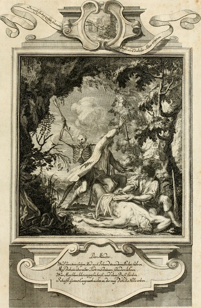 An illustration from Geistliche Todts-Gedancken : bey allerhand Gemählden und Schildereyen in Vorbildung unterschiedlichen Geschlechts, Alters, Standes, und Würdens-Persohnen sich des Todes zu erinnern, aus dessen Lehr die Tugend zu üben, und die Sünd zu meyden : erstlich in Kupfer entworffen, nachmahlen durch sittliche Erörtherung und Uberlegung unter Todten-Farben in Vorschein gebracht, dardurch zum Heyl der Seelen im Gemüth des geneigten Lesers ein lebendige Forcht und embsige Vorsorg des Todes zu erwecken, 1753, leaf 248