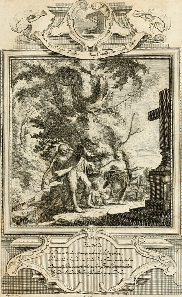 An illustration from Geistliche Todts-Gedancken : bey allerhand Gemählden und Schildereyen in Vorbildung unterschiedlichen Geschlechts, Alters, Standes, und Würdens-Persohnen sich des Todes zu erinnern, aus dessen Lehr die Tugend zu üben, und die Sünd zu meyden : erstlich in Kupfer entworffen, nachmahlen durch sittliche Erörtherung und Uberlegung unter Todten-Farben in Vorschein gebracht, dardurch zum Heyl der Seelen im Gemüth des geneigten Lesers ein lebendige Forcht und embsige Vorsorg des Todes zu erwecken, 1753, leaf 260