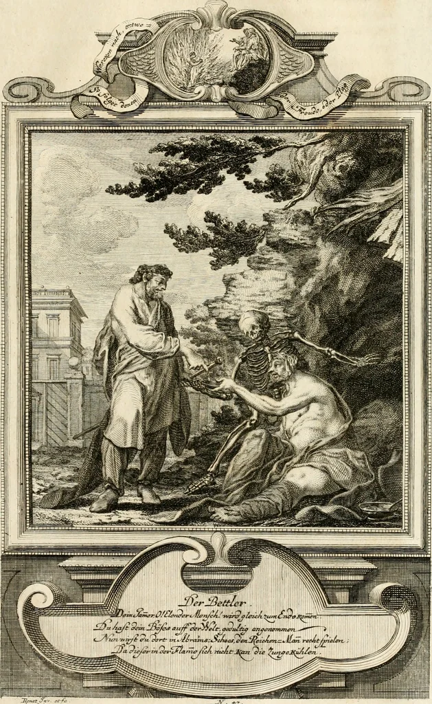 An illustration from Geistliche Todts-Gedancken : bey allerhand Gemählden und Schildereyen in Vorbildung unterschiedlichen Geschlechts, Alters, Standes, und Würdens-Persohnen sich des Todes zu erinnern, aus dessen Lehr die Tugend zu üben, und die Sünd zu meyden : erstlich in Kupfer entworffen, nachmahlen durch sittliche Erörtherung und Uberlegung unter Todten-Farben in Vorschein gebracht, dardurch zum Heyl der Seelen im Gemüth des geneigten Lesers ein lebendige Forcht und embsige Vorsorg des Todes zu erwecken, 1753, leaf 266