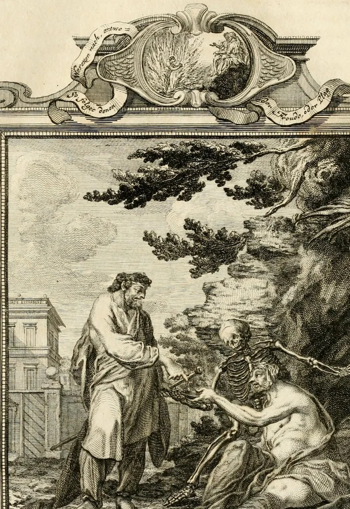 An illustration from Geistliche Todts-Gedancken : bey allerhand Gemählden und Schildereyen in Vorbildung unterschiedlichen Geschlechts, Alters, Standes, und Würdens-Persohnen sich des Todes zu erinnern, aus dessen Lehr die Tugend zu üben, und die Sünd zu meyden : erstlich in Kupfer entworffen, nachmahlen durch sittliche Erörtherung und Uberlegung unter Todten-Farben in Vorschein gebracht, dardurch zum Heyl der Seelen im Gemüth des geneigten Lesers ein lebendige Forcht und embsige Vorsorg des Todes zu erwecken, 1753, leaf 267