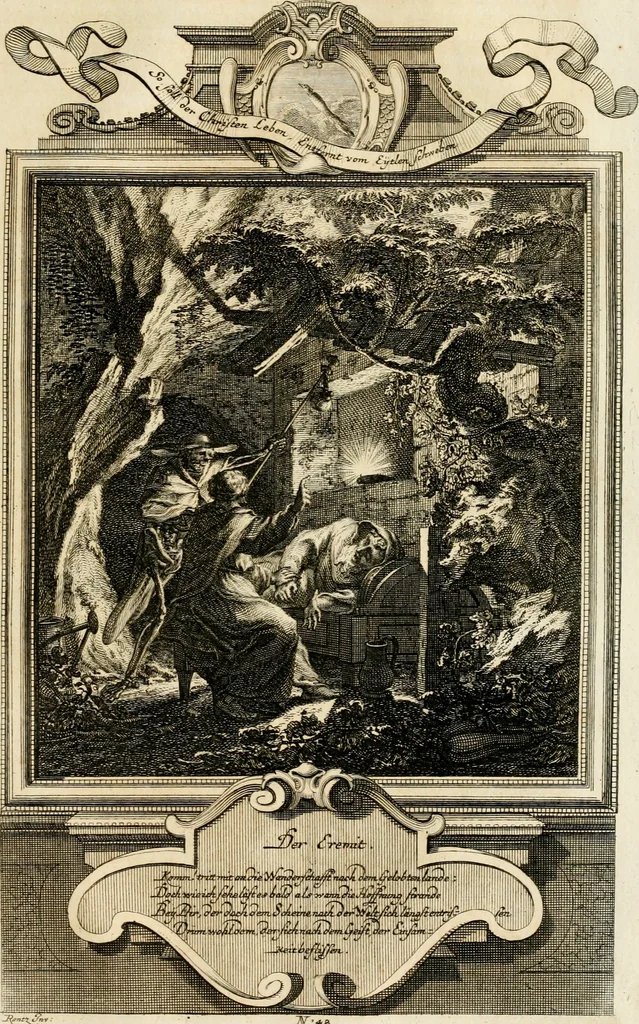An illustration from Geistliche Todts-Gedancken : bey allerhand Gemählden und Schildereyen in Vorbildung unterschiedlichen Geschlechts, Alters, Standes, und Würdens-Persohnen sich des Todes zu erinnern, aus dessen Lehr die Tugend zu üben, und die Sünd zu meyden : erstlich in Kupfer entworffen, nachmahlen durch sittliche Erörtherung und Uberlegung unter Todten-Farben in Vorschein gebracht, dardurch zum Heyl der Seelen im Gemüth des geneigten Lesers ein lebendige Forcht und embsige Vorsorg des Todes zu erwecken, 1753, leaf 272