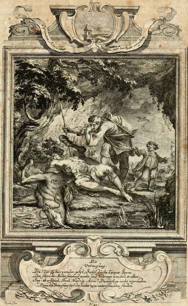 An illustration from Geistliche Todts-Gedancken : bey allerhand Gemählden und Schildereyen in Vorbildung unterschiedlichen Geschlechts, Alters, Standes, und Würdens-Persohnen sich des Todes zu erinnern, aus dessen Lehr die Tugend zu üben, und die Sünd zu meyden : erstlich in Kupfer entworffen, nachmahlen durch sittliche Erörtherung und Uberlegung unter Todten-Farben in Vorschein gebracht, dardurch zum Heyl der Seelen im Gemüth des geneigten Lesers ein lebendige Forcht und embsige Vorsorg des Todes zu erwecken, 1753, leaf 276