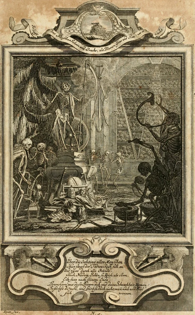 An illustration from Geistliche Todts-Gedancken : bey allerhand Gemählden und Schildereyen in Vorbildung unterschiedlichen Geschlechts, Alters, Standes, und Würdens-Persohnen sich des Todes zu erinnern, aus dessen Lehr die Tugend zu üben, und die Sünd zu meyden : erstlich in Kupfer entworffen, nachmahlen durch sittliche Erörtherung und Uberlegung unter Todten-Farben in Vorschein gebracht, dardurch zum Heyl der Seelen im Gemüth des geneigten Lesers ein lebendige Forcht und embsige Vorsorg des Todes zu erwecken, 1753, leaf 30