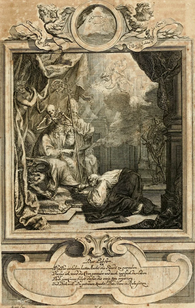 An illustration from Geistliche Todts-Gedancken : bey allerhand Gemählden und Schildereyen in Vorbildung unterschiedlichen Geschlechts, Alters, Standes, und Würdens-Persohnen sich des Todes zu erinnern, aus dessen Lehr die Tugend zu üben, und die Sünd zu meyden : erstlich in Kupfer entworffen, nachmahlen durch sittliche Erörtherung und Uberlegung unter Todten-Farben in Vorschein gebracht, dardurch zum Heyl der Seelen im Gemüth des geneigten Lesers ein lebendige Forcht und embsige Vorsorg des Todes zu erwecken, 1753, leaf 34