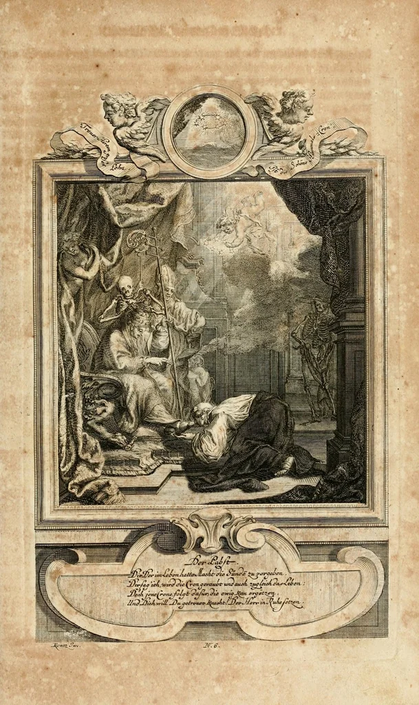 An illustration from Geistliche Todts-Gedancken : bey allerhand Gemählden und Schildereyen in Vorbildung unterschiedlichen Geschlechts, Alters, Standes, und Würdens-Persohnen sich des Todes zu erinnern, aus dessen Lehr die Tugend zu üben, und die Sünd zu meyden : erstlich in Kupfer entworffen, nachmahlen durch sittliche Erörtherung und Uberlegung unter Todten-Farben in Vorschein gebracht, dardurch zum Heyl der Seelen im Gemüth des geneigten Lesers ein lebendige Forcht und embsige Vorsorg des Todes zu erwecken, 1753, leaf 35