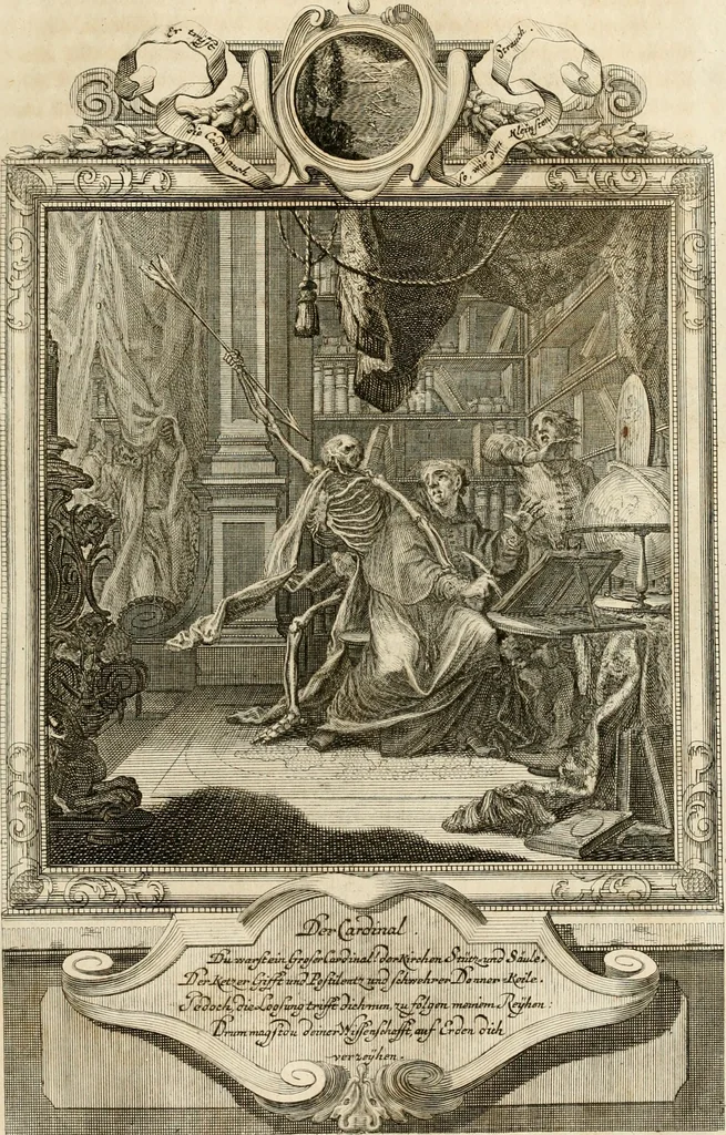 An illustration from Geistliche Todts-Gedancken : bey allerhand Gemählden und Schildereyen in Vorbildung unterschiedlichen Geschlechts, Alters, Standes, und Würdens-Persohnen sich des Todes zu erinnern, aus dessen Lehr die Tugend zu üben, und die Sünd zu meyden : erstlich in Kupfer entworffen, nachmahlen durch sittliche Erörtherung und Uberlegung unter Todten-Farben in Vorschein gebracht, dardurch zum Heyl der Seelen im Gemüth des geneigten Lesers ein lebendige Forcht und embsige Vorsorg des Todes zu erwecken, 1753, leaf 40