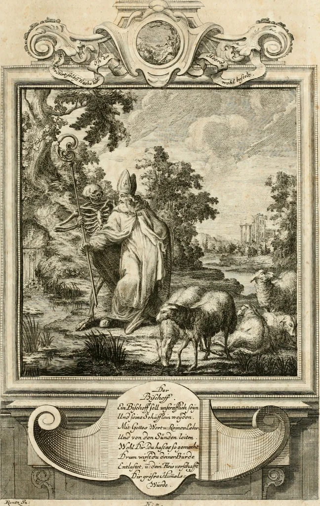 An illustration from Geistliche Todts-Gedancken : bey allerhand Gemählden und Schildereyen in Vorbildung unterschiedlichen Geschlechts, Alters, Standes, und Würdens-Persohnen sich des Todes zu erinnern, aus dessen Lehr die Tugend zu üben, und die Sünd zu meyden : erstlich in Kupfer entworffen, nachmahlen durch sittliche Erörtherung und Uberlegung unter Todten-Farben in Vorschein gebracht, dardurch zum Heyl der Seelen im Gemüth des geneigten Lesers ein lebendige Forcht und embsige Vorsorg des Todes zu erwecken, 1753, leaf 44
