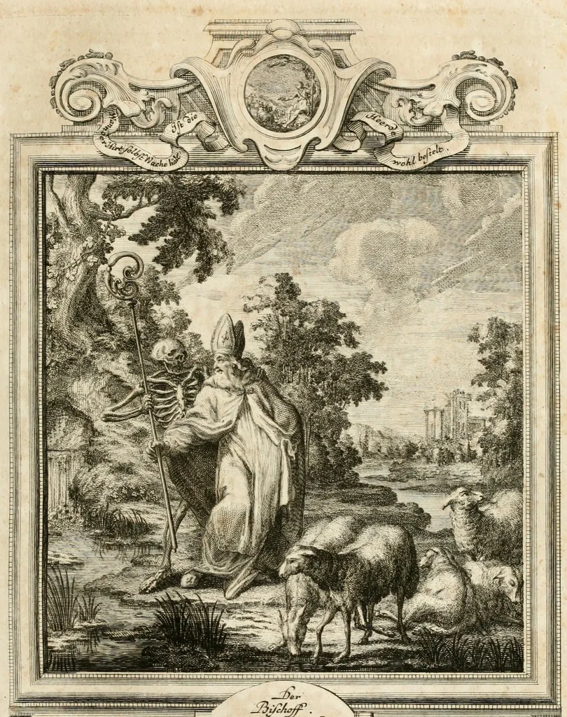 An illustration from Geistliche Todts-Gedancken : bey allerhand Gemählden und Schildereyen in Vorbildung unterschiedlichen Geschlechts, Alters, Standes, und Würdens-Persohnen sich des Todes zu erinnern, aus dessen Lehr die Tugend zu üben, und die Sünd zu meyden : erstlich in Kupfer entworffen, nachmahlen durch sittliche Erörtherung und Uberlegung unter Todten-Farben in Vorschein gebracht, dardurch zum Heyl der Seelen im Gemüth des geneigten Lesers ein lebendige Forcht und embsige Vorsorg des Todes zu erwecken, 1753, leaf 45