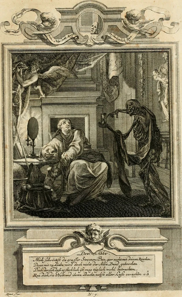 An illustration from Geistliche Todts-Gedancken : bey allerhand Gemählden und Schildereyen in Vorbildung unterschiedlichen Geschlechts, Alters, Standes, und Würdens-Persohnen sich des Todes zu erinnern, aus dessen Lehr die Tugend zu üben, und die Sünd zu meyden : erstlich in Kupfer entworffen, nachmahlen durch sittliche Erörtherung und Uberlegung unter Todten-Farben in Vorschein gebracht, dardurch zum Heyl der Seelen im Gemüth des geneigten Lesers ein lebendige Forcht und embsige Vorsorg des Todes zu erwecken, 1753, leaf 52