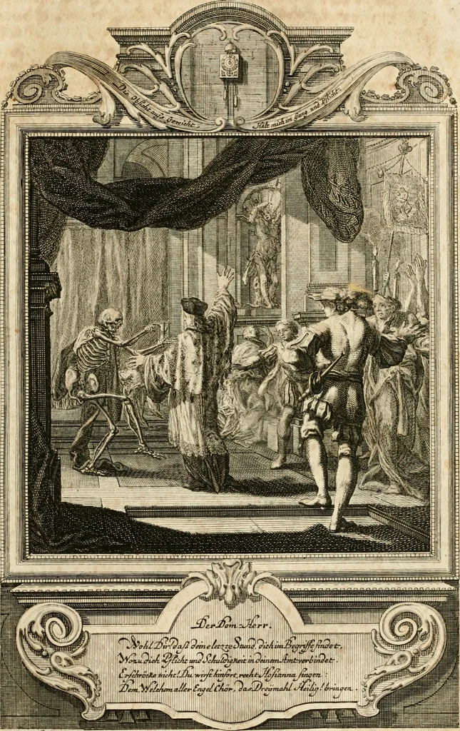 An illustration from Geistliche Todts-Gedancken : bey allerhand Gemählden und Schildereyen in Vorbildung unterschiedlichen Geschlechts, Alters, Standes, und Würdens-Persohnen sich des Todes zu erinnern, aus dessen Lehr die Tugend zu üben, und die Sünd zu meyden : erstlich in Kupfer entworffen, nachmahlen durch sittliche Erörtherung und Uberlegung unter Todten-Farben in Vorschein gebracht, dardurch zum Heyl der Seelen im Gemüth des geneigten Lesers ein lebendige Forcht und embsige Vorsorg des Todes zu erwecken, 1753, leaf 56