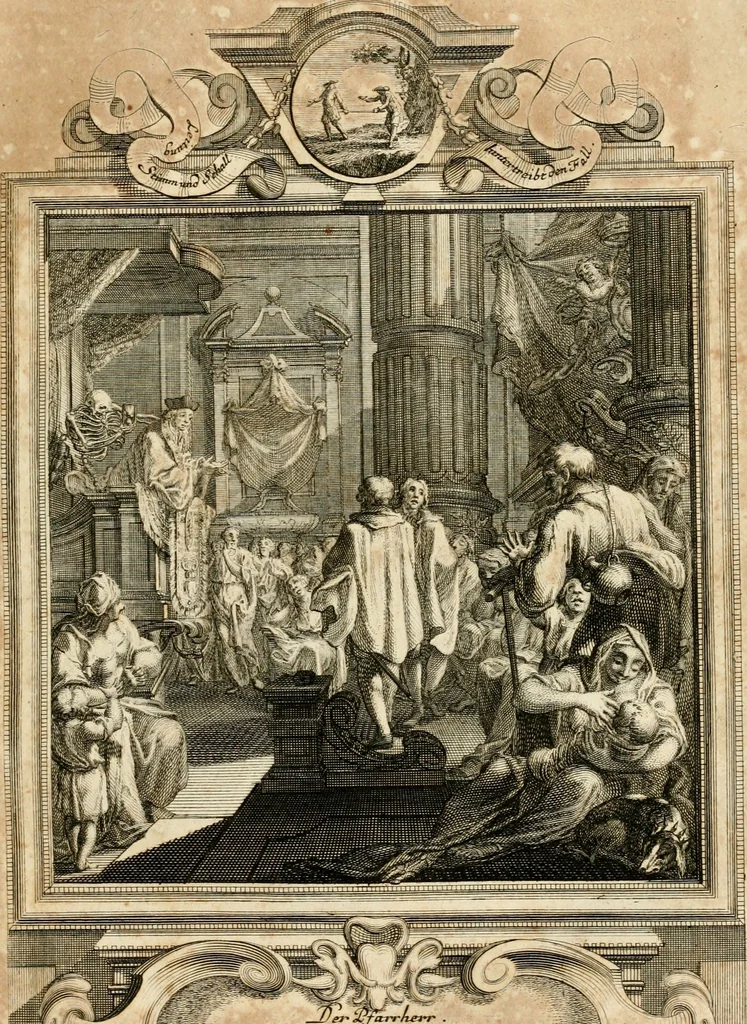 An illustration from Geistliche Todts-Gedancken : bey allerhand Gemählden und Schildereyen in Vorbildung unterschiedlichen Geschlechts, Alters, Standes, und Würdens-Persohnen sich des Todes zu erinnern, aus dessen Lehr die Tugend zu üben, und die Sünd zu meyden : erstlich in Kupfer entworffen, nachmahlen durch sittliche Erörtherung und Uberlegung unter Todten-Farben in Vorschein gebracht, dardurch zum Heyl der Seelen im Gemüth des geneigten Lesers ein lebendige Forcht und embsige Vorsorg des Todes zu erwecken, 1753, leaf 62