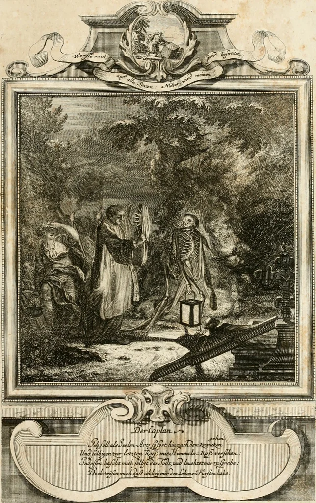 An illustration from Geistliche Todts-Gedancken : bey allerhand Gemählden und Schildereyen in Vorbildung unterschiedlichen Geschlechts, Alters, Standes, und Würdens-Persohnen sich des Todes zu erinnern, aus dessen Lehr die Tugend zu üben, und die Sünd zu meyden : erstlich in Kupfer entworffen, nachmahlen durch sittliche Erörtherung und Uberlegung unter Todten-Farben in Vorschein gebracht, dardurch zum Heyl der Seelen im Gemüth des geneigten Lesers ein lebendige Forcht und embsige Vorsorg des Todes zu erwecken, 1753, leaf 68