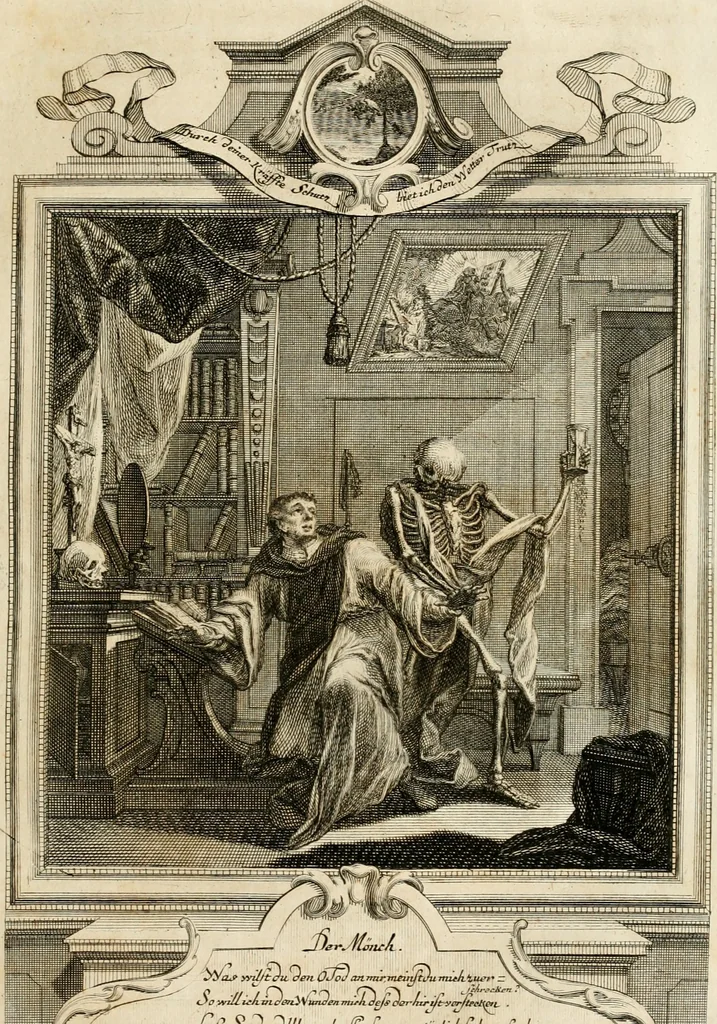 An illustration from Geistliche Todts-Gedancken : bey allerhand Gemählden und Schildereyen in Vorbildung unterschiedlichen Geschlechts, Alters, Standes, und Würdens-Persohnen sich des Todes zu erinnern, aus dessen Lehr die Tugend zu üben, und die Sünd zu meyden : erstlich in Kupfer entworffen, nachmahlen durch sittliche Erörtherung und Uberlegung unter Todten-Farben in Vorschein gebracht, dardurch zum Heyl der Seelen im Gemüth des geneigten Lesers ein lebendige Forcht und embsige Vorsorg des Todes zu erwecken, 1753, leaf 74