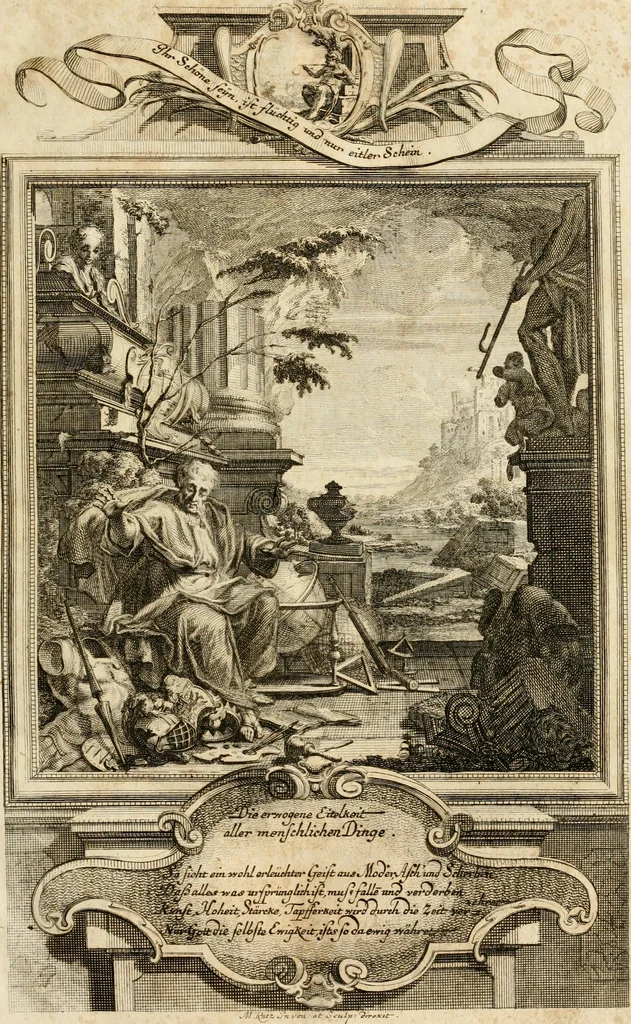An illustration from Geistliche Todts-Gedancken : bey allerhand Gemählden und Schildereyen in Vorbildung unterschiedlichen Geschlechts, Alters, Standes, und Würdens-Persohnen sich des Todes zu erinnern, aus dessen Lehr die Tugend zu üben, und die Sünd zu meyden : erstlich in Kupfer entworffen, nachmahlen durch sittliche Erörtherung und Uberlegung unter Todten-Farben in Vorschein gebracht, dardurch zum Heyl der Seelen im Gemüth des geneigten Lesers ein lebendige Forcht und embsige Vorsorg des Todes zu erwecken, 1753, leaf 8