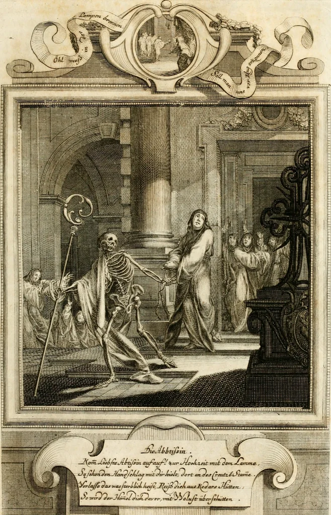 An illustration from Geistliche Todts-Gedancken : bey allerhand Gemählden und Schildereyen in Vorbildung unterschiedlichen Geschlechts, Alters, Standes, und Würdens-Persohnen sich des Todes zu erinnern, aus dessen Lehr die Tugend zu üben, und die Sünd zu meyden : erstlich in Kupfer entworffen, nachmahlen durch sittliche Erörtherung und Uberlegung unter Todten-Farben in Vorschein gebracht, dardurch zum Heyl der Seelen im Gemüth des geneigten Lesers ein lebendige Forcht und embsige Vorsorg des Todes zu erwecken, 1753, leaf 80