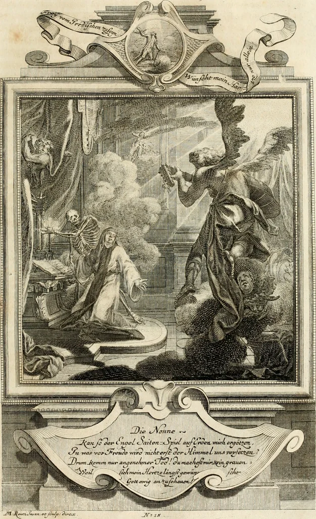 An illustration from Geistliche Todts-Gedancken : bey allerhand Gemählden und Schildereyen in Vorbildung unterschiedlichen Geschlechts, Alters, Standes, und Würdens-Persohnen sich des Todes zu erinnern, aus dessen Lehr die Tugend zu üben, und die Sünd zu meyden : erstlich in Kupfer entworffen, nachmahlen durch sittliche Erörtherung und Uberlegung unter Todten-Farben in Vorschein gebracht, dardurch zum Heyl der Seelen im Gemüth des geneigten Lesers ein lebendige Forcht und embsige Vorsorg des Todes zu erwecken, 1753, leaf 84