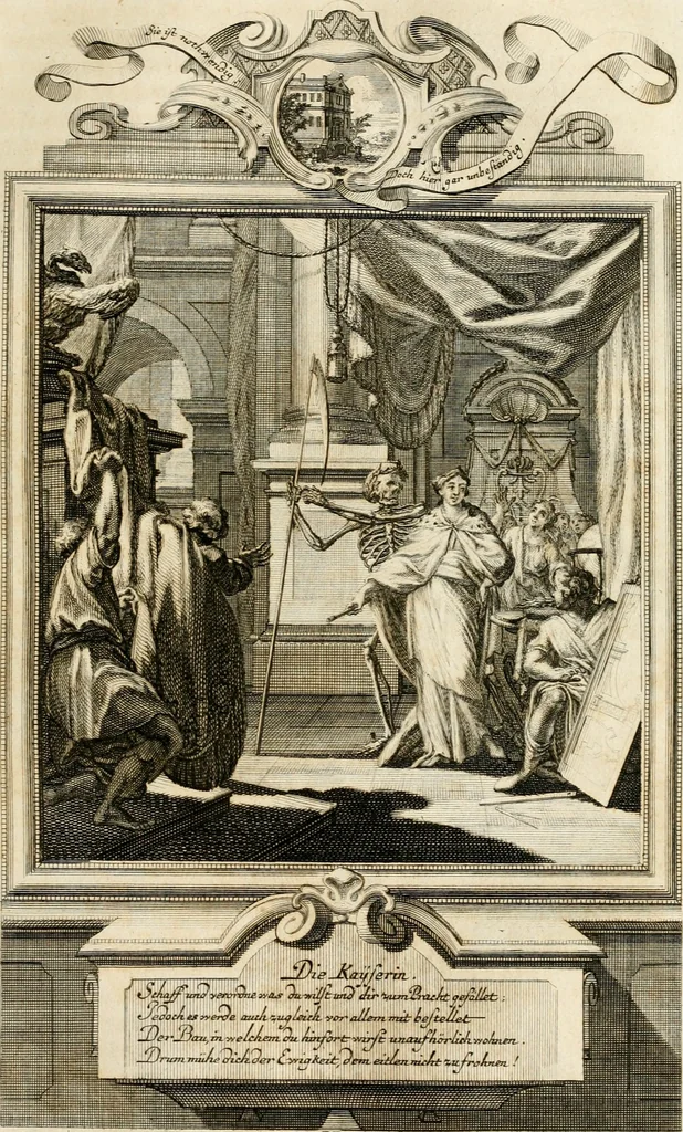 An illustration from Geistliche Todts-Gedancken : bey allerhand Gemählden und Schildereyen in Vorbildung unterschiedlichen Geschlechts, Alters, Standes, und Würdens-Persohnen sich des Todes zu erinnern, aus dessen Lehr die Tugend zu üben, und die Sünd zu meyden : erstlich in Kupfer entworffen, nachmahlen durch sittliche Erörtherung und Uberlegung unter Todten-Farben in Vorschein gebracht, dardurch zum Heyl der Seelen im Gemüth des geneigten Lesers ein lebendige Forcht und embsige Vorsorg des Todes zu erwecken, 1753, leaf 96