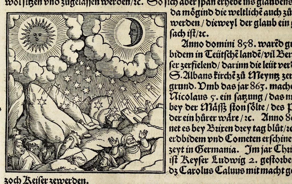 An illustration from Gemeiner loblicher Eydgnoschafft Stetten, Landen vnd Völckeren Chronick wirdiger Thaaten Beschreybung : hieriñ wirt auch die Gelegenheit der gantzen Europe : item ein kurtzuer griffne Chronica Germanie oder Teütschlands : in sonders aber ein fleyssige histori vnd ordenliche Beschreybung Gallie oder Franckrychs fürgestellt : darauff deñ obgedachte der Eydgnoschafft Beschreybung volget ..., 1548, leaf 100