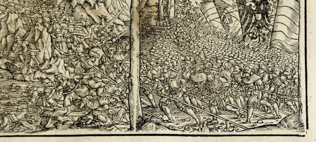 An illustration from Gemeiner loblicher Eydgnoschafft Stetten, Landen vnd Völckeren Chronick wirdiger Thaaten Beschreybung : hieriñ wirt auch die Gelegenheit der gantzen Europe : item ein kurtzuer griffne Chronica Germanie oder Teütschlands : in sonders aber ein fleyssige histori vnd ordenliche Beschreybung Gallie oder Franckrychs fürgestellt : darauff deñ obgedachte der Eydgnoschafft Beschreybung volget ..., 1548, leaf 105