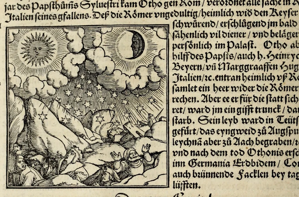 An illustration from Gemeiner loblicher Eydgnoschafft Stetten, Landen vnd Völckeren Chronick wirdiger Thaaten Beschreybung : hieriñ wirt auch die Gelegenheit der gantzen Europe : item ein kurtzuer griffne Chronica Germanie oder Teütschlands : in sonders aber ein fleyssige histori vnd ordenliche Beschreybung Gallie oder Franckrychs fürgestellt : darauff deñ obgedachte der Eydgnoschafft Beschreybung volget ..., 1548, leaf 116