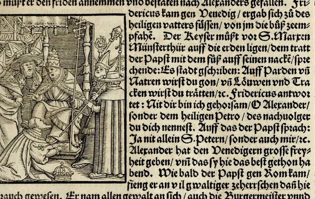 An illustration from Gemeiner loblicher Eydgnoschafft Stetten, Landen vnd Völckeren Chronick wirdiger Thaaten Beschreybung : hieriñ wirt auch die Gelegenheit der gantzen Europe : item ein kurtzuer griffne Chronica Germanie oder Teütschlands : in sonders aber ein fleyssige histori vnd ordenliche Beschreybung Gallie oder Franckrychs fürgestellt : darauff deñ obgedachte der Eydgnoschafft Beschreybung volget ..., 1548, leaf 147