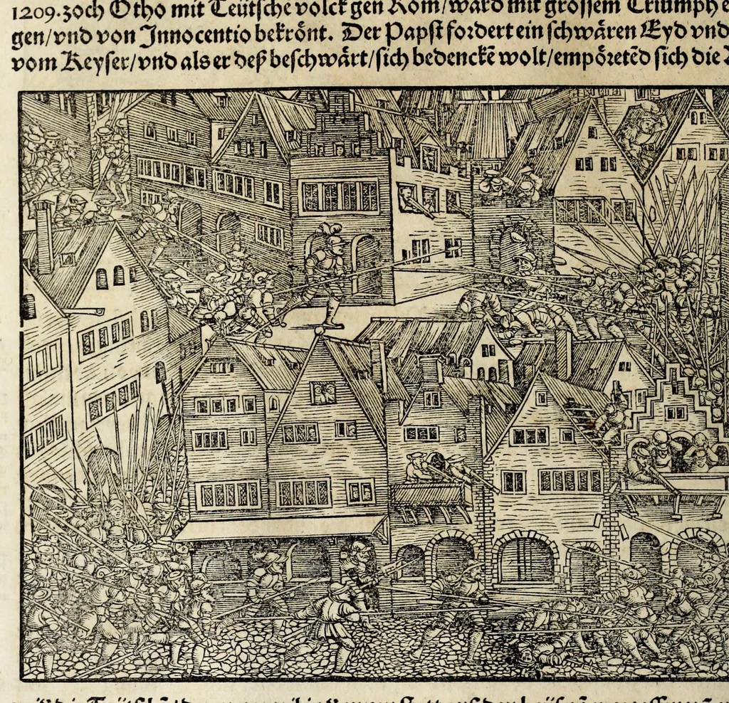 An illustration from Gemeiner loblicher Eydgnoschafft Stetten, Landen vnd Völckeren Chronick wirdiger Thaaten Beschreybung : hieriñ wirt auch die Gelegenheit der gantzen Europe : item ein kurtzuer griffne Chronica Germanie oder Teütschlands : in sonders aber ein fleyssige histori vnd ordenliche Beschreybung Gallie oder Franckrychs fürgestellt : darauff deñ obgedachte der Eydgnoschafft Beschreybung volget ..., 1548, leaf 152