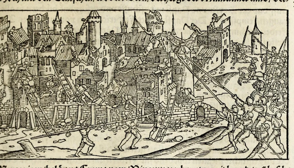 An illustration from Gemeiner loblicher Eydgnoschafft Stetten, Landen vnd Völckeren Chronick wirdiger Thaaten Beschreybung : hieriñ wirt auch die Gelegenheit der gantzen Europe : item ein kurtzuer griffne Chronica Germanie oder Teütschlands : in sonders aber ein fleyssige histori vnd ordenliche Beschreybung Gallie oder Franckrychs fürgestellt : darauff deñ obgedachte der Eydgnoschafft Beschreybung volget ..., 1548, leaf 157