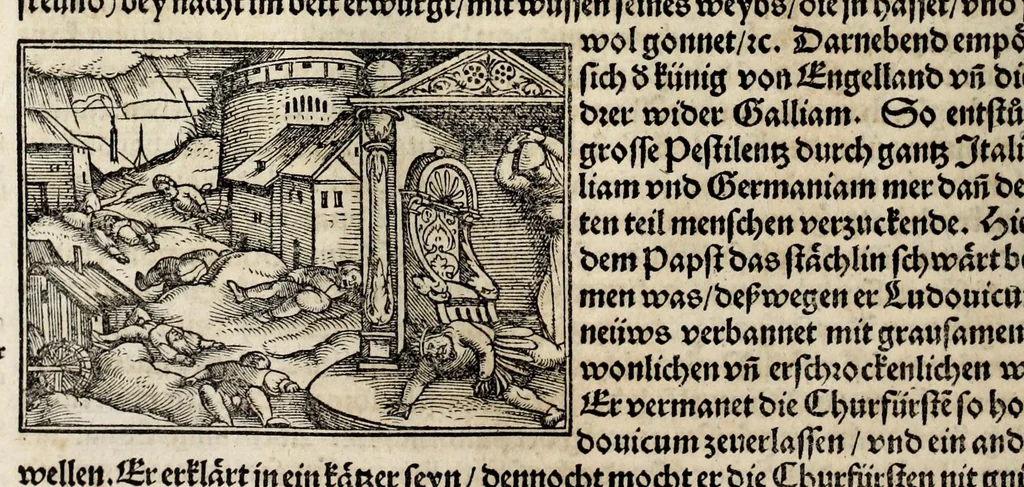 An illustration from Gemeiner loblicher Eydgnoschafft Stetten, Landen vnd Völckeren Chronick wirdiger Thaaten Beschreybung : hieriñ wirt auch die Gelegenheit der gantzen Europe : item ein kurtzuer griffne Chronica Germanie oder Teütschlands : in sonders aber ein fleyssige histori vnd ordenliche Beschreybung Gallie oder Franckrychs fürgestellt : darauff deñ obgedachte der Eydgnoschafft Beschreybung volget ..., 1548, leaf 176
