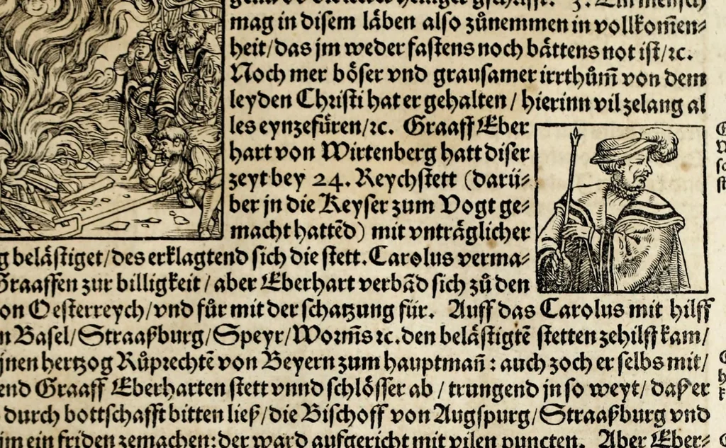 An illustration from Gemeiner loblicher Eydgnoschafft Stetten, Landen vnd Völckeren Chronick wirdiger Thaaten Beschreybung : hieriñ wirt auch die Gelegenheit der gantzen Europe : item ein kurtzuer griffne Chronica Germanie oder Teütschlands : in sonders aber ein fleyssige histori vnd ordenliche Beschreybung Gallie oder Franckrychs fürgestellt : darauff deñ obgedachte der Eydgnoschafft Beschreybung volget ..., 1548, leaf 185