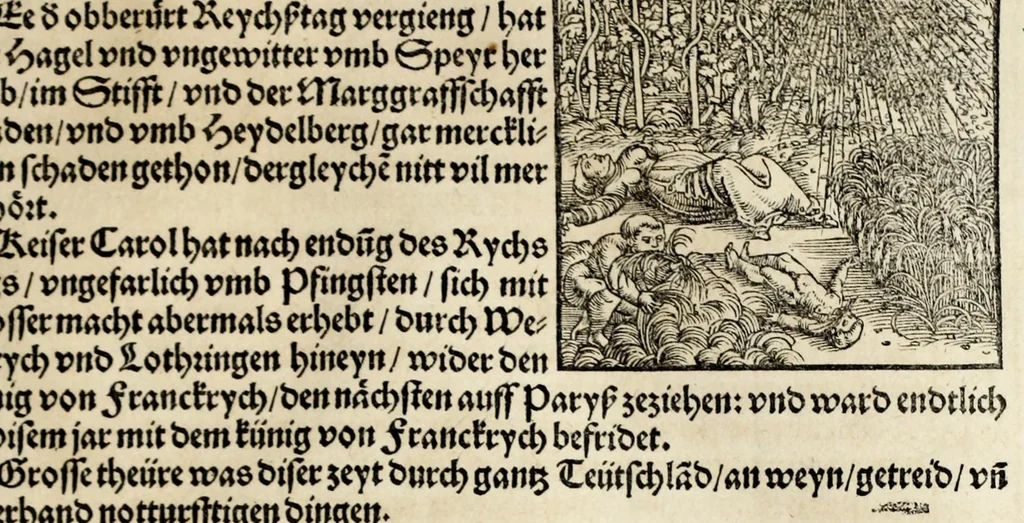 An illustration from Gemeiner loblicher Eydgnoschafft Stetten, Landen vnd Völckeren Chronick wirdiger Thaaten Beschreybung : hieriñ wirt auch die Gelegenheit der gantzen Europe : item ein kurtzuer griffne Chronica Germanie oder Teütschlands : in sonders aber ein fleyssige histori vnd ordenliche Beschreybung Gallie oder Franckrychs fürgestellt : darauff deñ obgedachte der Eydgnoschafft Beschreybung volget ..., 1548, leaf 215