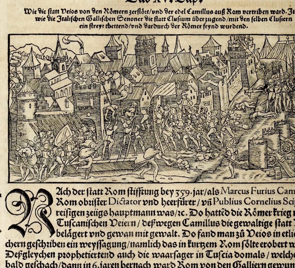 An illustration from Gemeiner loblicher Eydgnoschafft Stetten, Landen vnd Völckeren Chronick wirdiger Thaaten Beschreybung : hieriñ wirt auch die Gelegenheit der gantzen Europe : item ein kurtzuer griffne Chronica Germanie oder Teütschlands : in sonders aber ein fleyssige histori vnd ordenliche Beschreybung Gallie oder Franckrychs fürgestellt : darauff deñ obgedachte der Eydgnoschafft Beschreybung volget ..., 1548, leaf 250