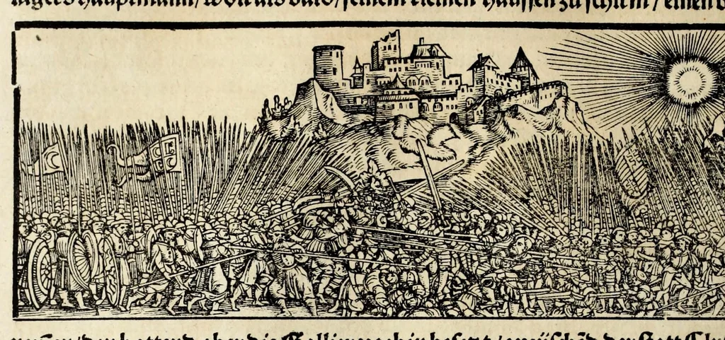 An illustration from Gemeiner loblicher Eydgnoschafft Stetten, Landen vnd Völckeren Chronick wirdiger Thaaten Beschreybung : hieriñ wirt auch die Gelegenheit der gantzen Europe : item ein kurtzuer griffne Chronica Germanie oder Teütschlands : in sonders aber ein fleyssige histori vnd ordenliche Beschreybung Gallie oder Franckrychs fürgestellt : darauff deñ obgedachte der Eydgnoschafft Beschreybung volget ..., 1548, leaf 264