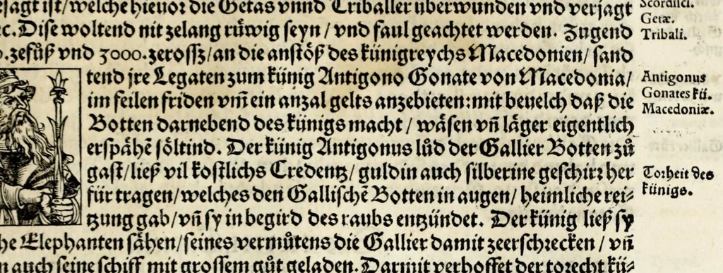 An illustration from Gemeiner loblicher Eydgnoschafft Stetten, Landen vnd Völckeren Chronick wirdiger Thaaten Beschreybung : hieriñ wirt auch die Gelegenheit der gantzen Europe : item ein kurtzuer griffne Chronica Germanie oder Teütschlands : in sonders aber ein fleyssige histori vnd ordenliche Beschreybung Gallie oder Franckrychs fürgestellt : darauff deñ obgedachte der Eydgnoschafft Beschreybung volget ..., 1548, leaf 271
