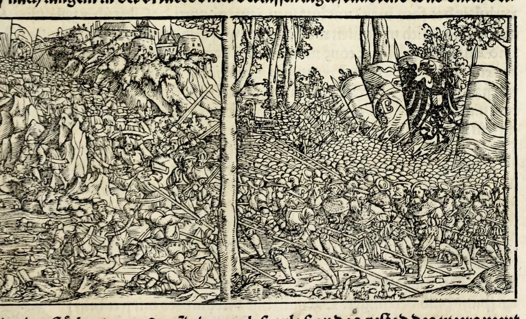 An illustration from Gemeiner loblicher Eydgnoschafft Stetten, Landen vnd Völckeren Chronick wirdiger Thaaten Beschreybung : hieriñ wirt auch die Gelegenheit der gantzen Europe : item ein kurtzuer griffne Chronica Germanie oder Teütschlands : in sonders aber ein fleyssige histori vnd ordenliche Beschreybung Gallie oder Franckrychs fürgestellt : darauff deñ obgedachte der Eydgnoschafft Beschreybung volget ..., 1548, leaf 271