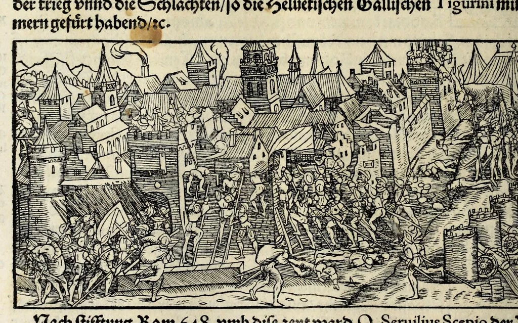 An illustration from Gemeiner loblicher Eydgnoschafft Stetten, Landen vnd Völckeren Chronick wirdiger Thaaten Beschreybung : hieriñ wirt auch die Gelegenheit der gantzen Europe : item ein kurtzuer griffne Chronica Germanie oder Teütschlands : in sonders aber ein fleyssige histori vnd ordenliche Beschreybung Gallie oder Franckrychs fürgestellt : darauff deñ obgedachte der Eydgnoschafft Beschreybung volget ..., 1548, leaf 290