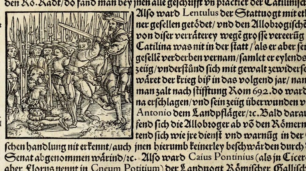 An illustration from Gemeiner loblicher Eydgnoschafft Stetten, Landen vnd Völckeren Chronick wirdiger Thaaten Beschreybung : hieriñ wirt auch die Gelegenheit der gantzen Europe : item ein kurtzuer griffne Chronica Germanie oder Teütschlands : in sonders aber ein fleyssige histori vnd ordenliche Beschreybung Gallie oder Franckrychs fürgestellt : darauff deñ obgedachte der Eydgnoschafft Beschreybung volget ..., 1548, leaf 296