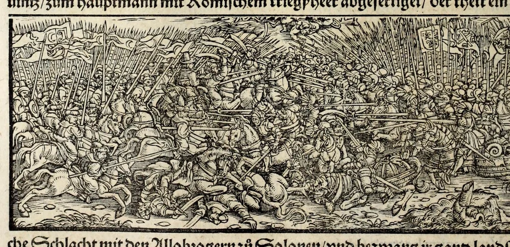 An illustration from Gemeiner loblicher Eydgnoschafft Stetten, Landen vnd Völckeren Chronick wirdiger Thaaten Beschreybung : hieriñ wirt auch die Gelegenheit der gantzen Europe : item ein kurtzuer griffne Chronica Germanie oder Teütschlands : in sonders aber ein fleyssige histori vnd ordenliche Beschreybung Gallie oder Franckrychs fürgestellt : darauff deñ obgedachte der Eydgnoschafft Beschreybung volget ..., 1548, leaf 296