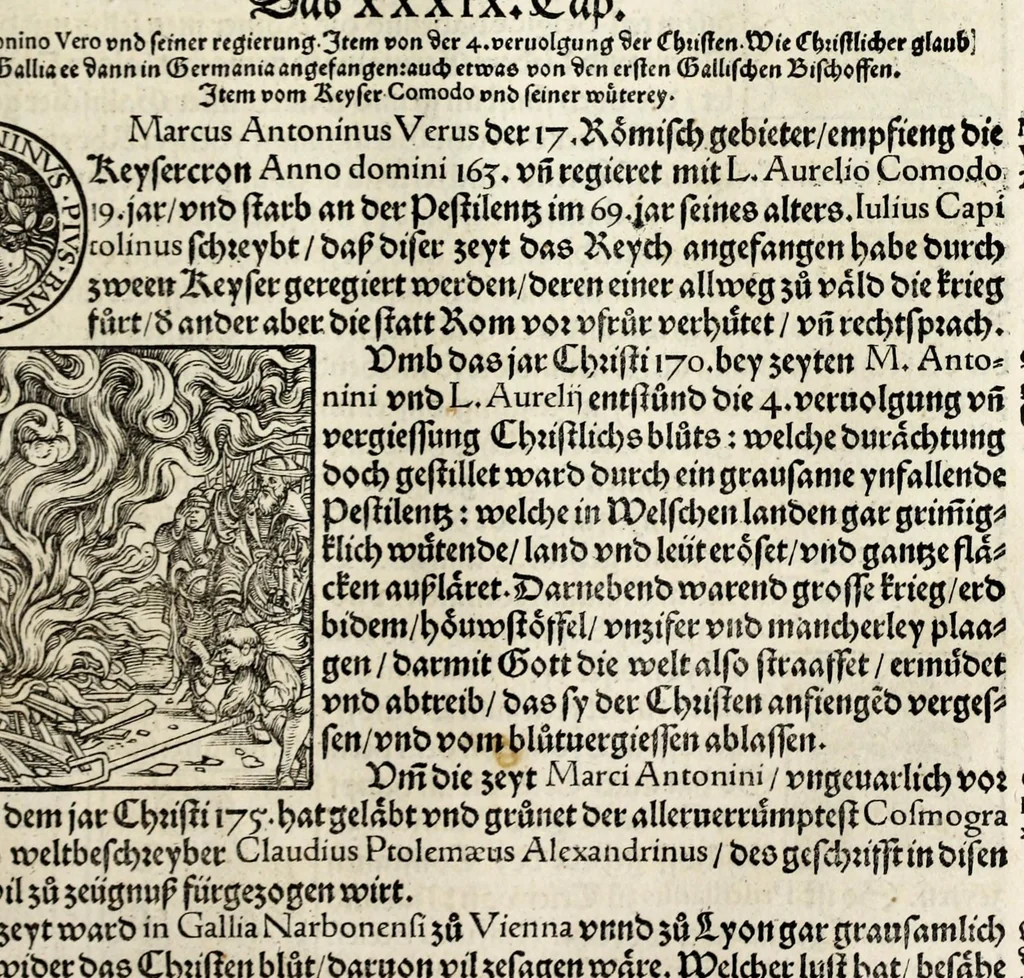 An illustration from Gemeiner loblicher Eydgnoschafft Stetten, Landen vnd Völckeren Chronick wirdiger Thaaten Beschreybung : hieriñ wirt auch die Gelegenheit der gantzen Europe : item ein kurtzuer griffne Chronica Germanie oder Teütschlands : in sonders aber ein fleyssige histori vnd ordenliche Beschreybung Gallie oder Franckrychs fürgestellt : darauff deñ obgedachte der Eydgnoschafft Beschreybung volget ..., 1548, leaf 313