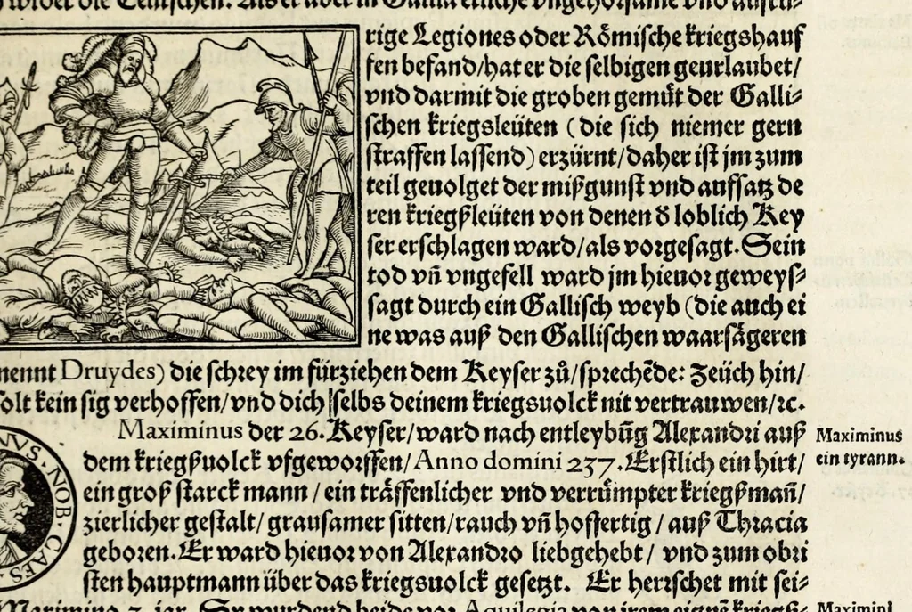 An illustration from Gemeiner loblicher Eydgnoschafft Stetten, Landen vnd Völckeren Chronick wirdiger Thaaten Beschreybung : hieriñ wirt auch die Gelegenheit der gantzen Europe : item ein kurtzuer griffne Chronica Germanie oder Teütschlands : in sonders aber ein fleyssige histori vnd ordenliche Beschreybung Gallie oder Franckrychs fürgestellt : darauff deñ obgedachte der Eydgnoschafft Beschreybung volget ..., 1548, leaf 319
